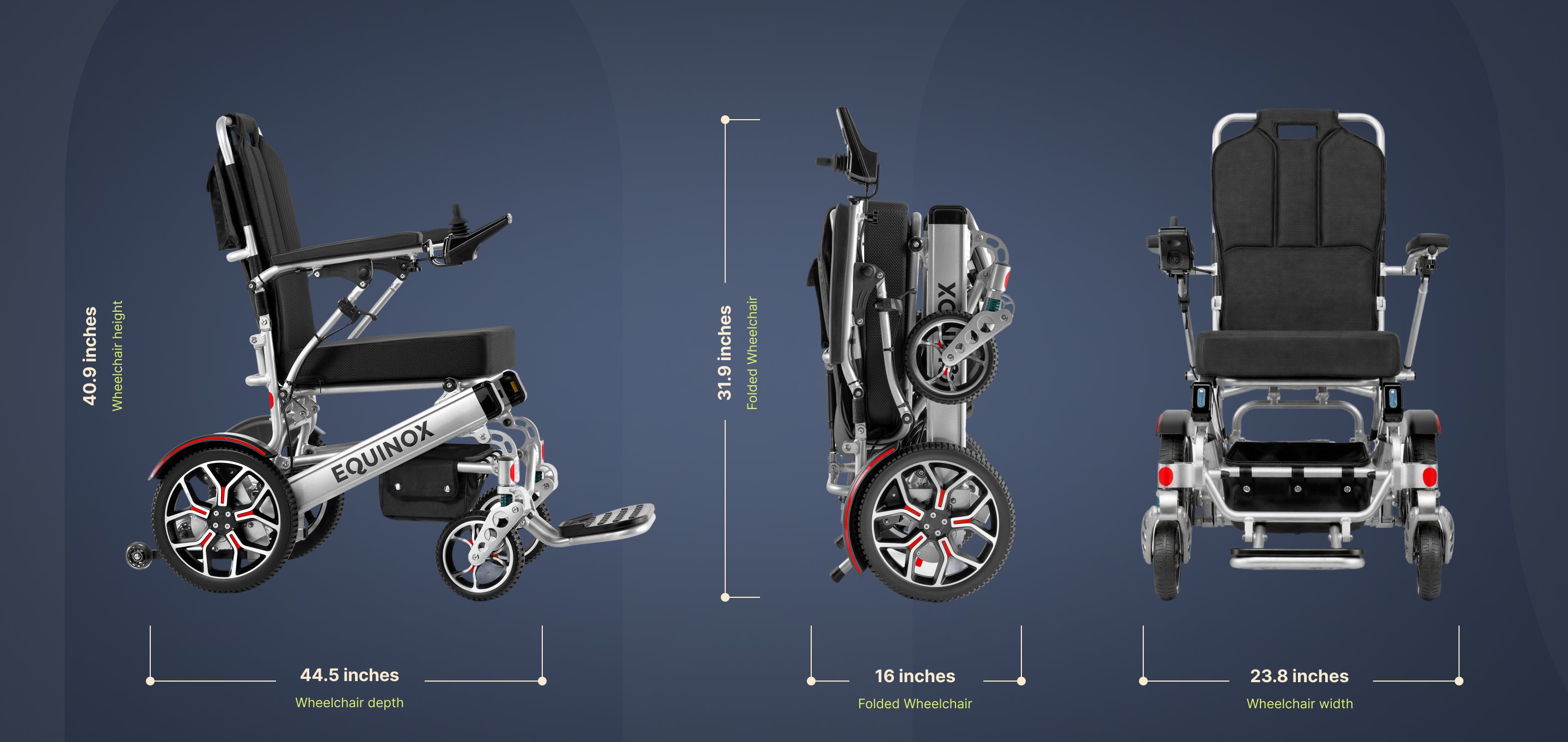 Muvon Equinox power wheelchair folded and unfolded size details