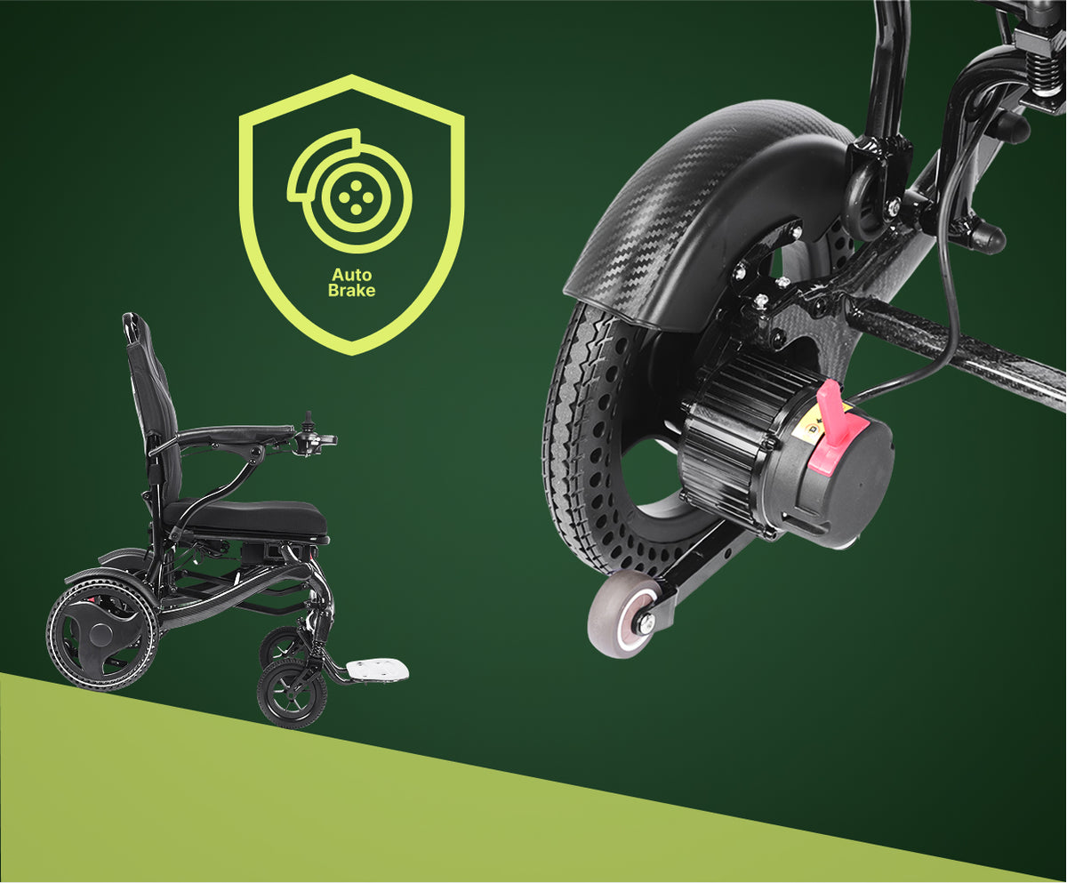 A close-up, split-view graphic focusing on the rear dual-motor system of the Harvey Carbon Power Wheelchair. The image highlights the two high-torque electric motors attached to the carbon fiber frame, showing the textured drive wheels and the red manual-release levers for freewheel mode.