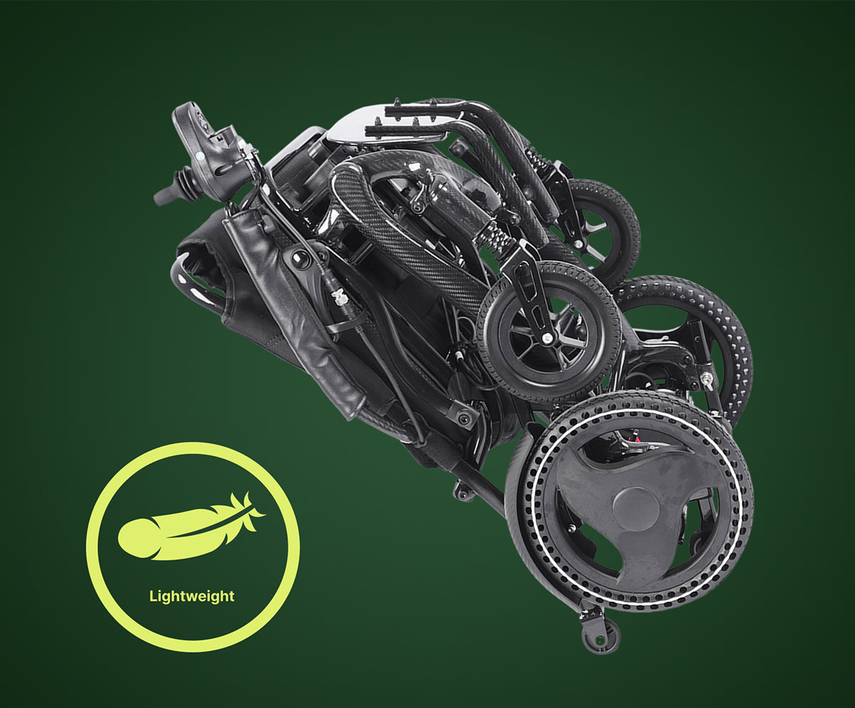 A dynamic side view of the Harvey Carbon Power Wheelchair, emphasizing its lightweight construction. The image showcases the sleek, S-curved carbon fiber frame with its visible weave pattern, the ergonomic black seating, and the minimalist design that balances strength with a low overall weight.