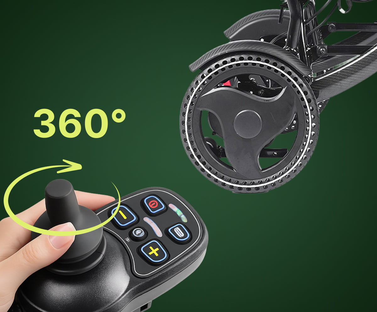 A detailed close-up of the smart joystick controller mounted on the armrest. The interface features a 360-degree joystick, a power button, a horn icon, speed adjustment buttons, and a bright LED battery life indicator, all housed in a durable black casing.