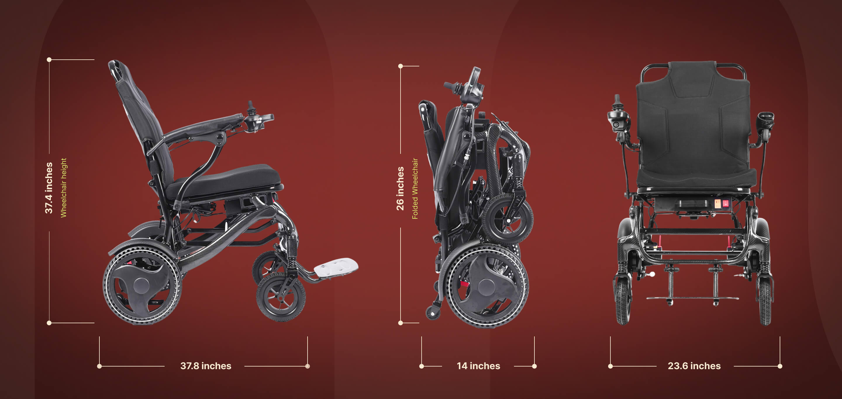 Foldable Harvey Carbon Power Wheelchair. shown from multiple angles with dimensions