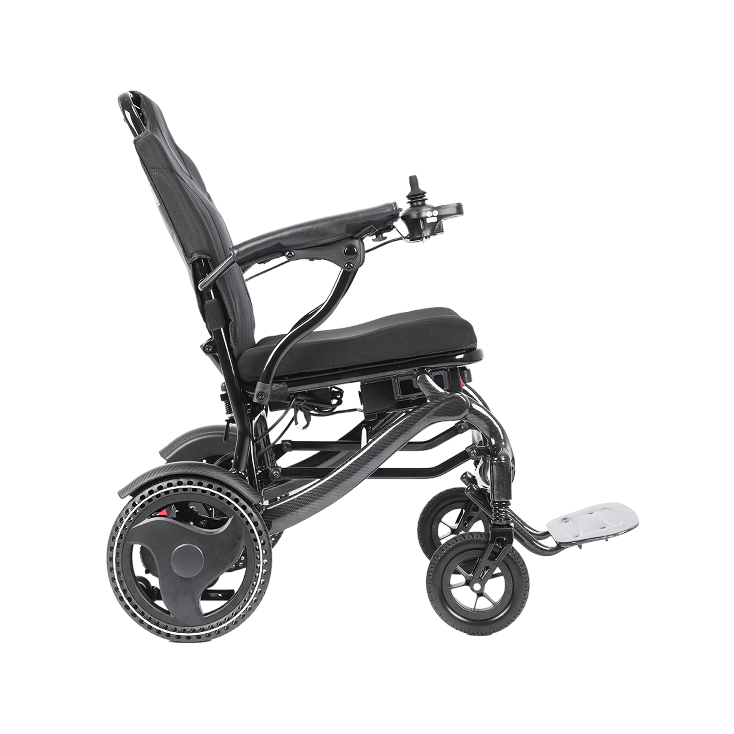 A side profile view of the Harvey Carbon Power Wheelchair. It features a modern black carbon fiber frame, a contoured black padded seat and backrest, and an adjustable armrest with an integrated joystick controller. The wheelchair has large drive wheels with a distinctive hub design, and dual front casters.