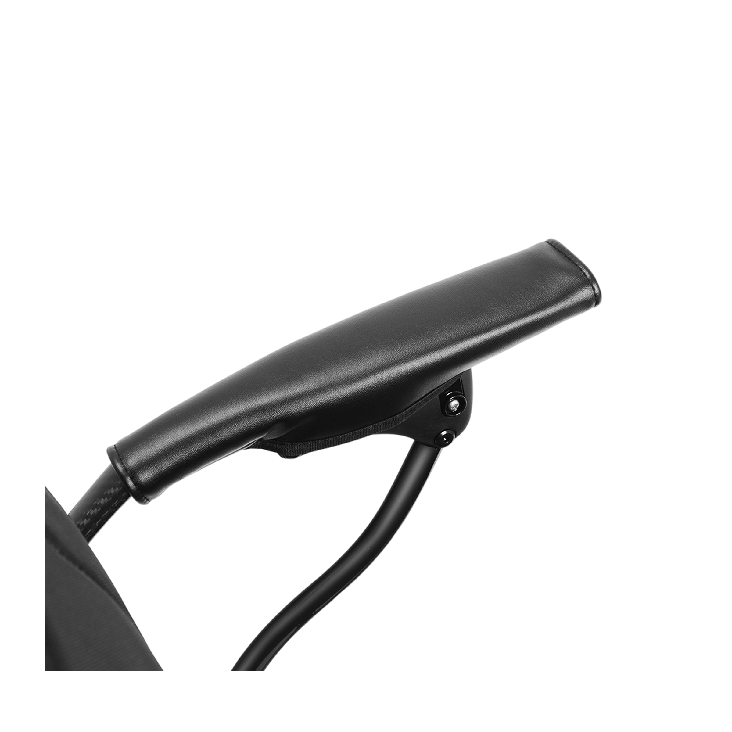 An angled close-up of a padded, black leather-textured armrest on the Harvey Carbon Power Wheelchair. The armrest has an ergonomic curve and is attached to a sleek, black metal support bar that connects to the rest of the wheelchair frame.