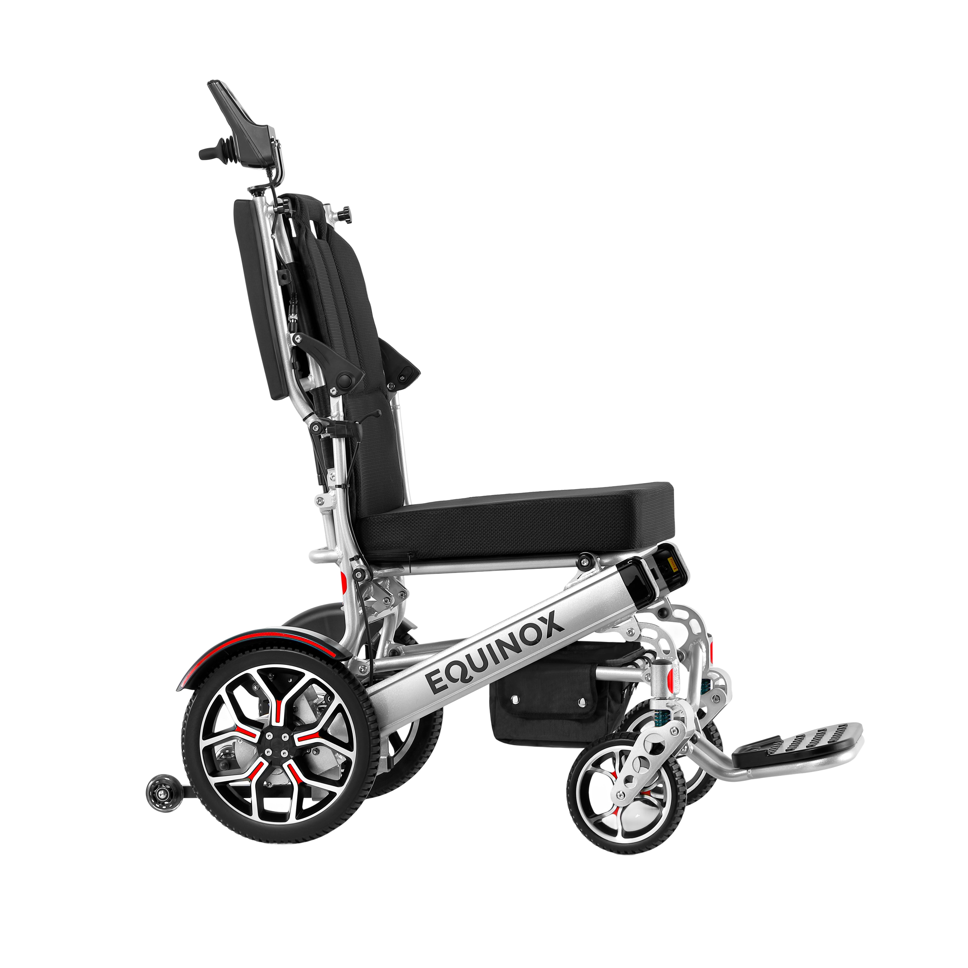 Side profile of the silver frame Muvon Equinox power wheelchair showing the armrests flipped completely upward for easy transfers.