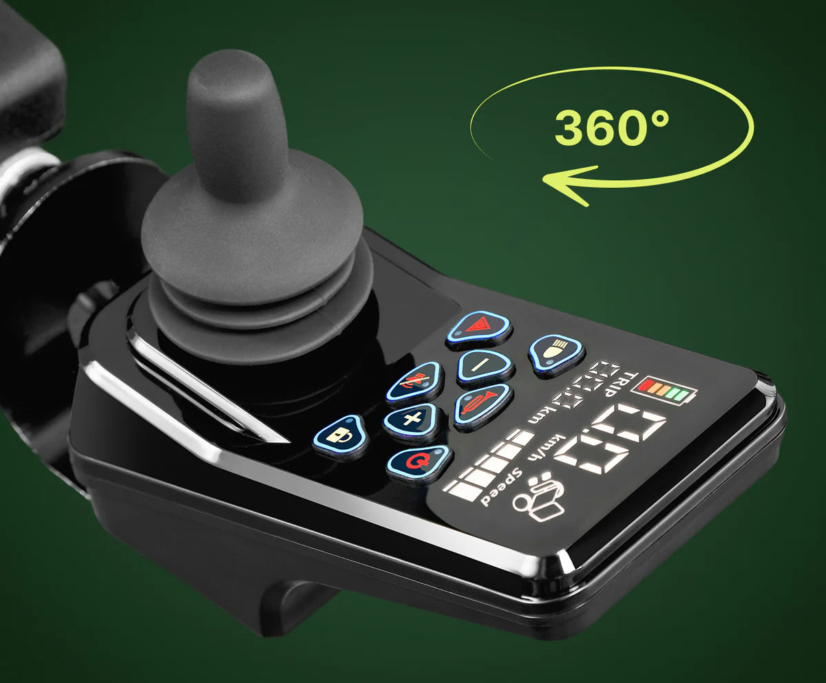 Detailed view of the Muvon Equinox power wheelchair joystick controller, highlighting its precise 360-degree turning ability and clear digital display.