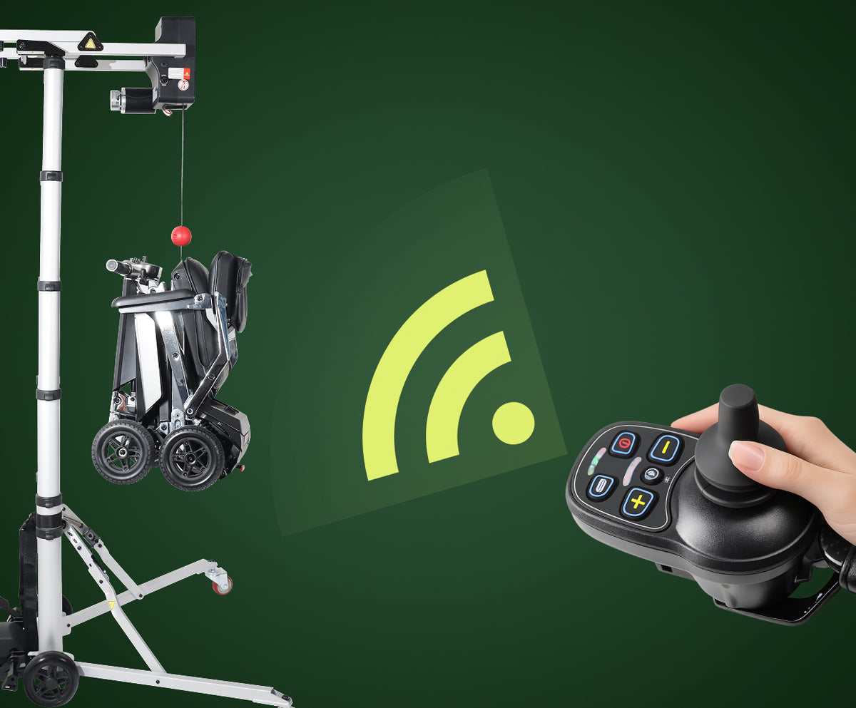 Infographic showing the Muvon Mobility portable lift as a clean, integrated power solution. The image features the lift raising a folded wheelchair on the left, connected wirelessly to a handheld power wheelchair joystick on the right. This highlights how the lift plugs directly into a compatible wheelchair joystick to operate using the chair's own battery, requiring no external battery packs or additional wiring.