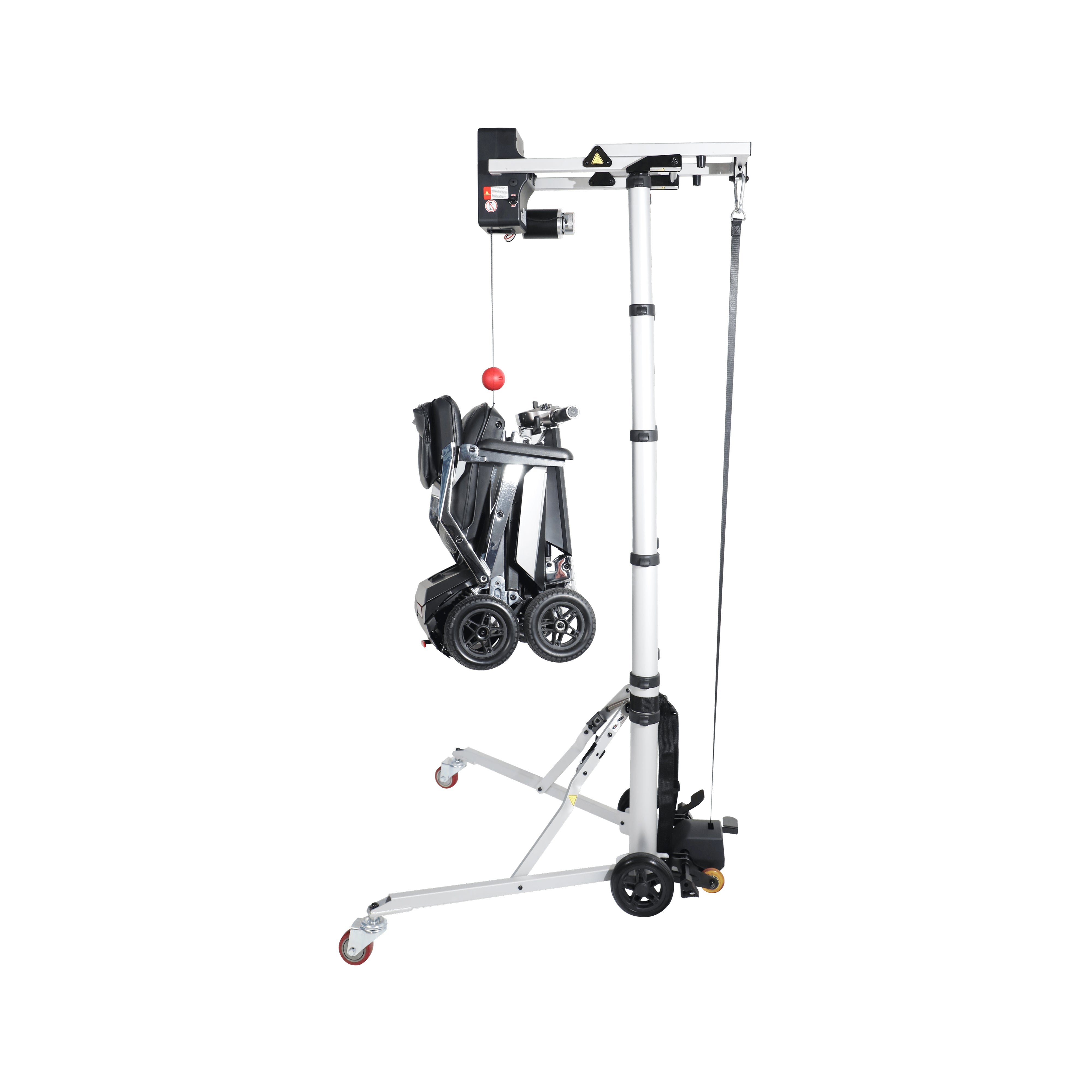 A full side profile view of the Muvon Mobility Portable Lift .The lift is in its standard upright position.