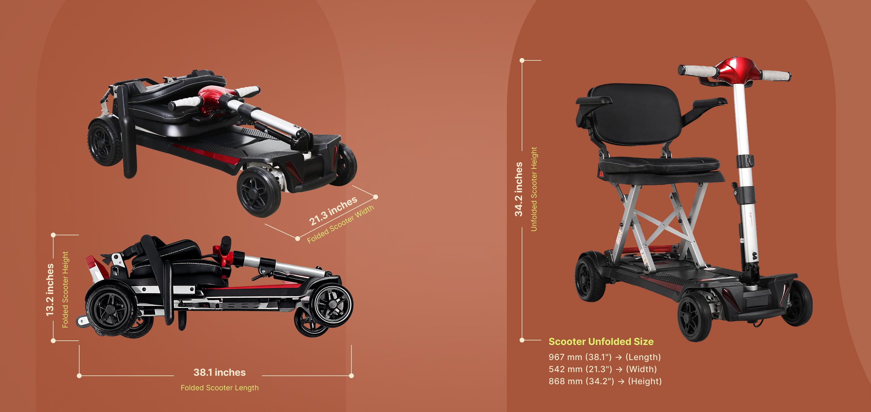 A close-up, high-detail shot of the Muvon One Mobility Scooter showing folded and unfolded sizes