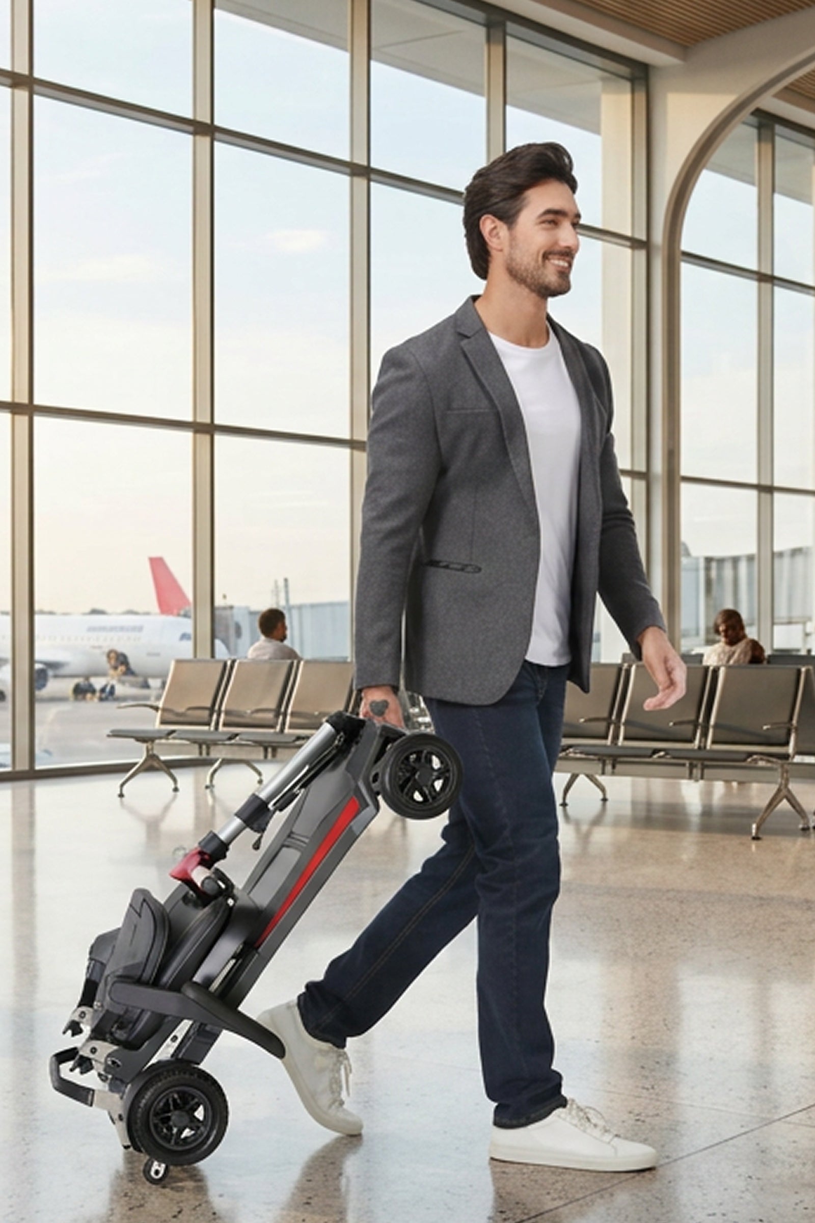 A man in a blazer walks through an airport terminal, effortlessly pulling the folded Muvon One mobility scooter behind him in trolley mode. Large windows in the background show an airplane on the tarmac, emphasizing the scooter's status as a travel-friendly, FAA-compliant mobility aid.