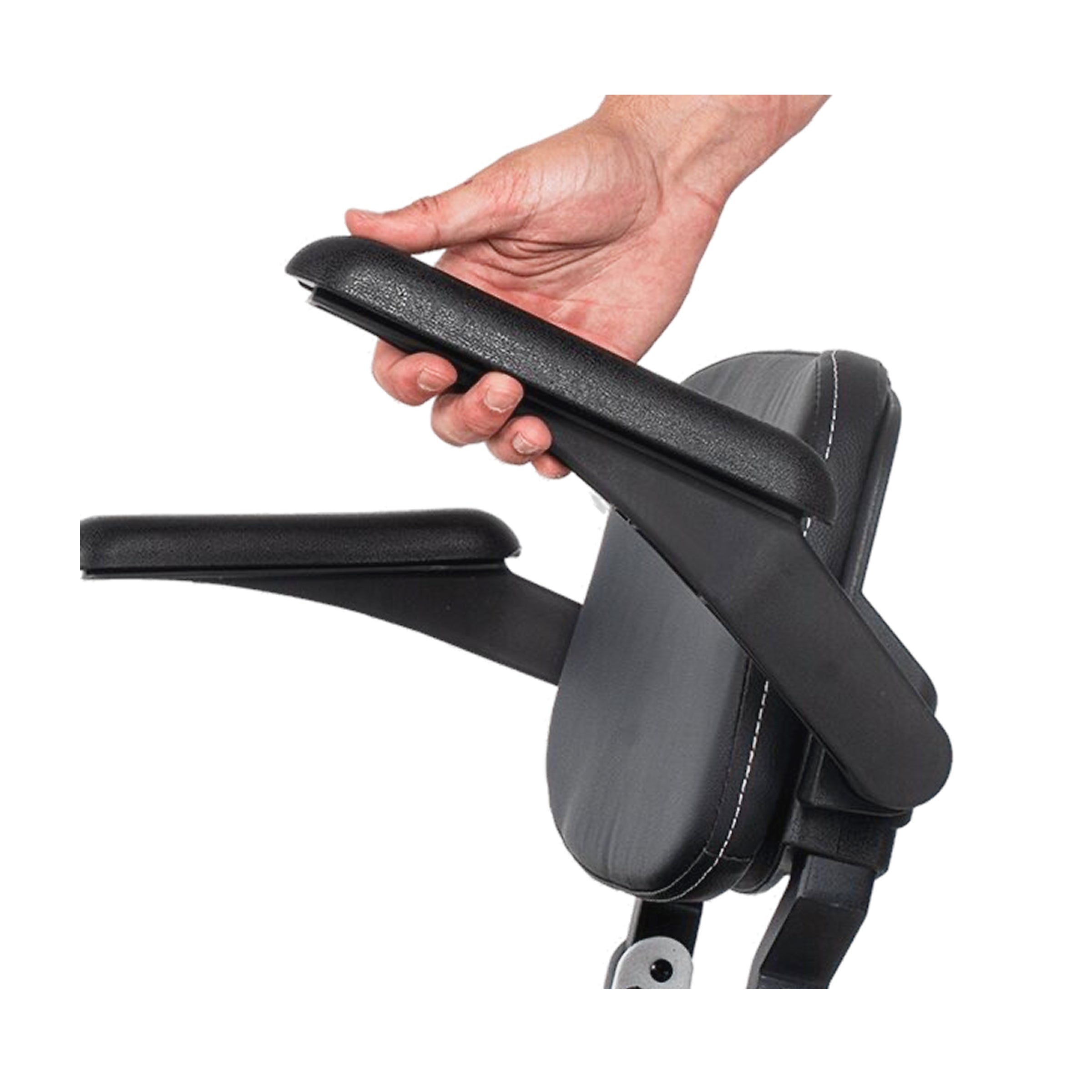 A close-up detail of the Muvon One mobility scooter's seating, showing a hand lifting one of the padded black armrests. The armrest is shown mid-pivot, illustrating the flip-up design that allows for easier side-transfers and closer access to tables or desks.