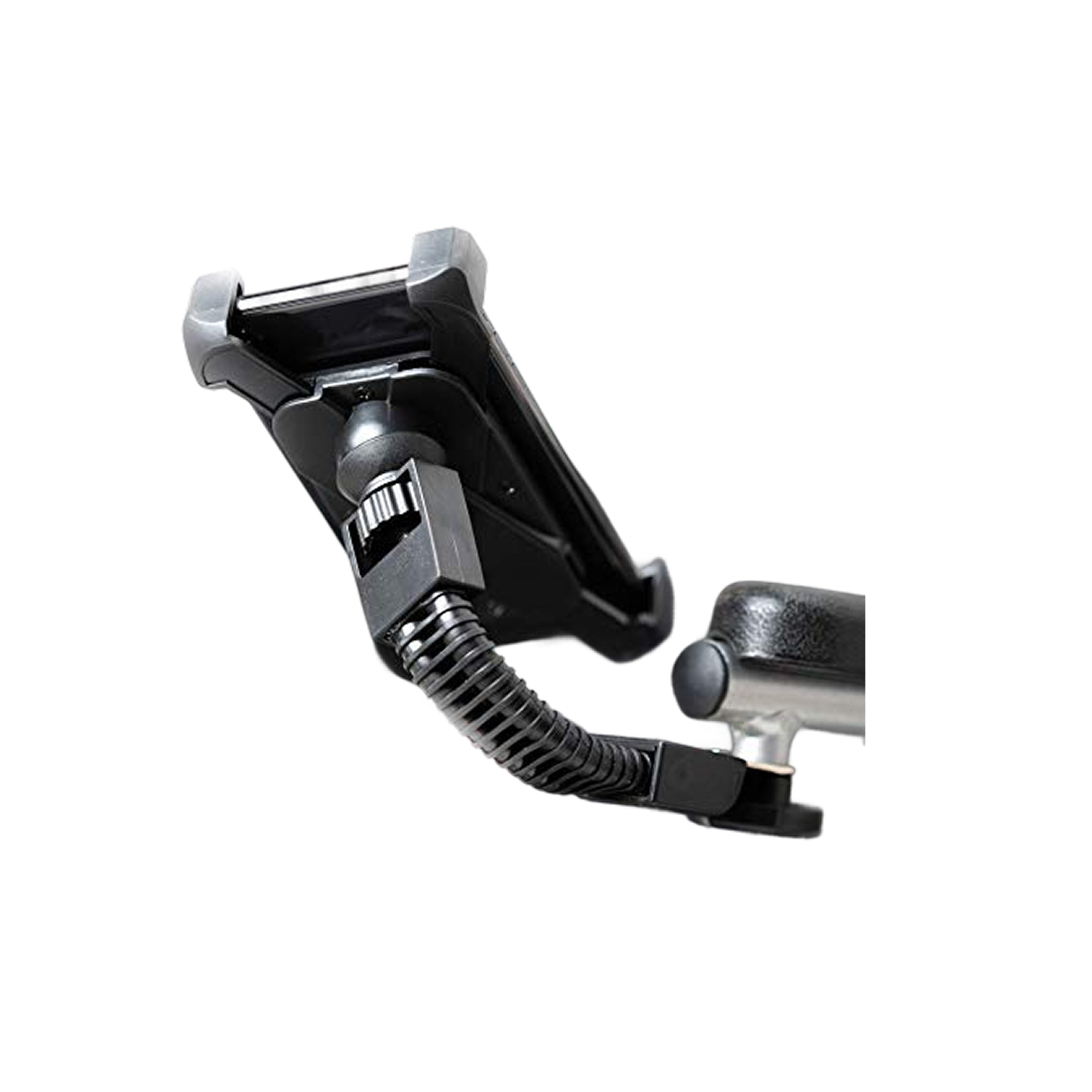 Rear view of the Muvon Mobility Phone Holder accessory, with carbon-fiber-textured backplate and the adjustable tension mounting system.