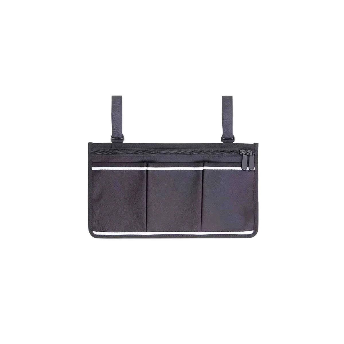 A black Muvon Mobility side bag featuring three front organizer sleeves, a secure top zippered pocket, and two adjustable attachment straps for easy mounting to mobility devices.