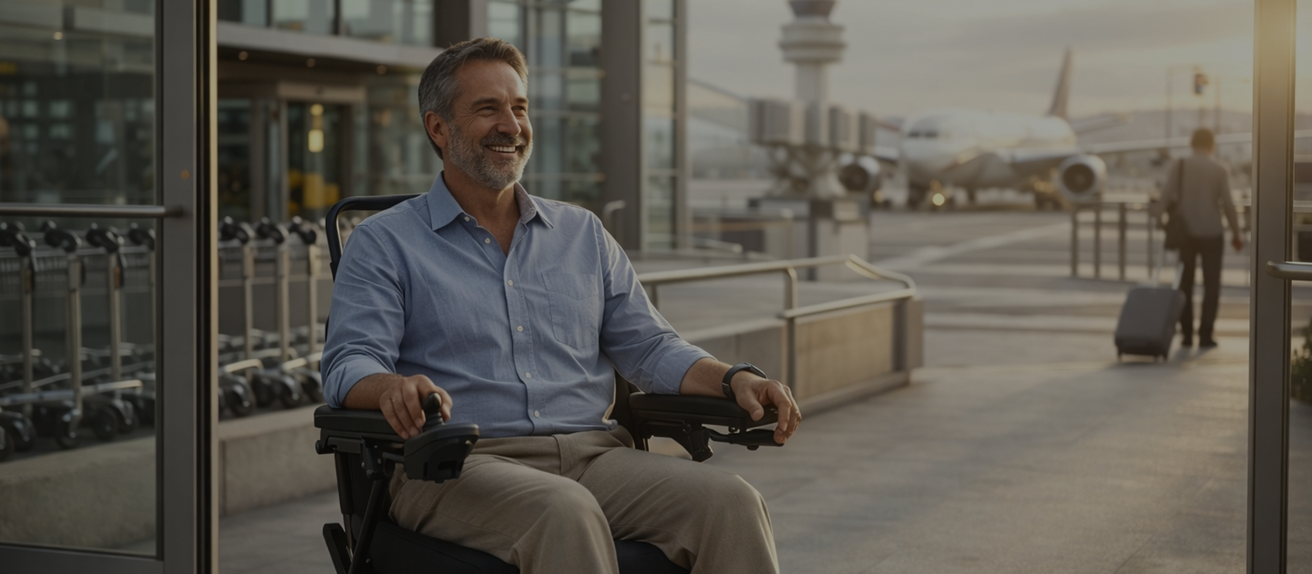 A middle-aged man with graying hair and a beard sits in a Muvon Mobility power wheelchair, smiling warmly. He is positioned outdoors at an airport terminal during sunset, with an airplane and a control tower visible in the soft-focus background.