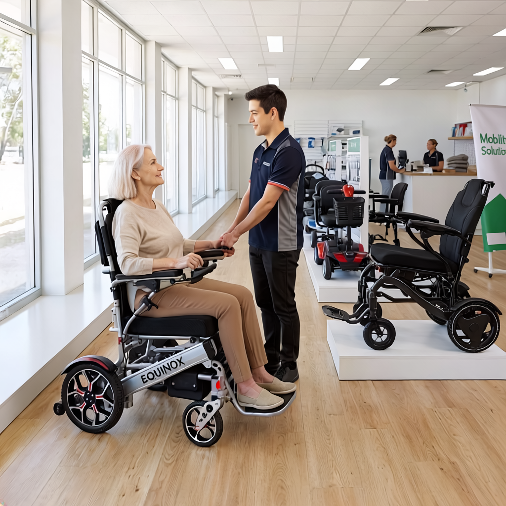 A clean, modern workspace inside a mobility equipment store or office, designed with a minimal and organized aesthetic. In the foreground, a store assistant is confidently assisting a customer trying Equinox power wheelchair.