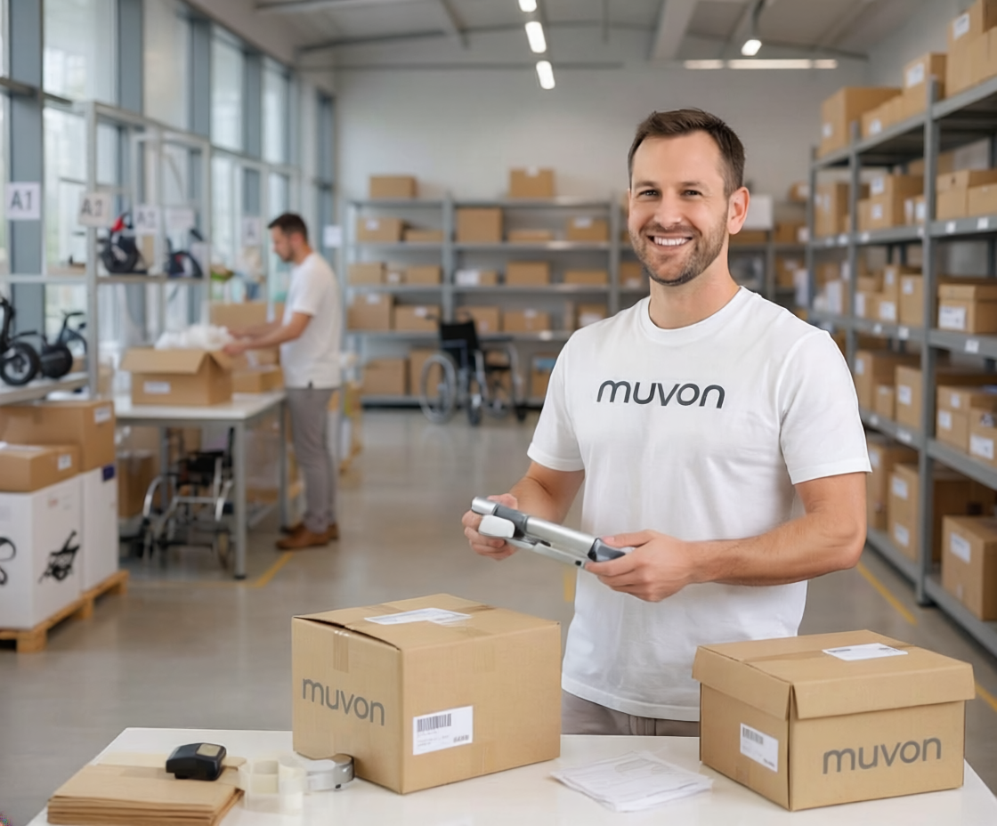 Man in a warehouse wearing a Muvon shirt, holding a tablet with boxes labeled 'Muvon' around him.