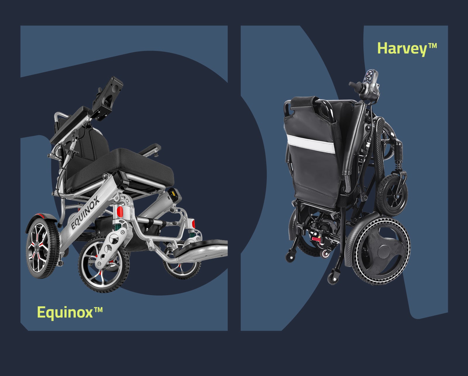 Equinox™ lightweight power wheelchair and Harvey™ foldable wheelchair shown side by side on a modern blue background, highlighting compact design, portability, and advanced mobility features