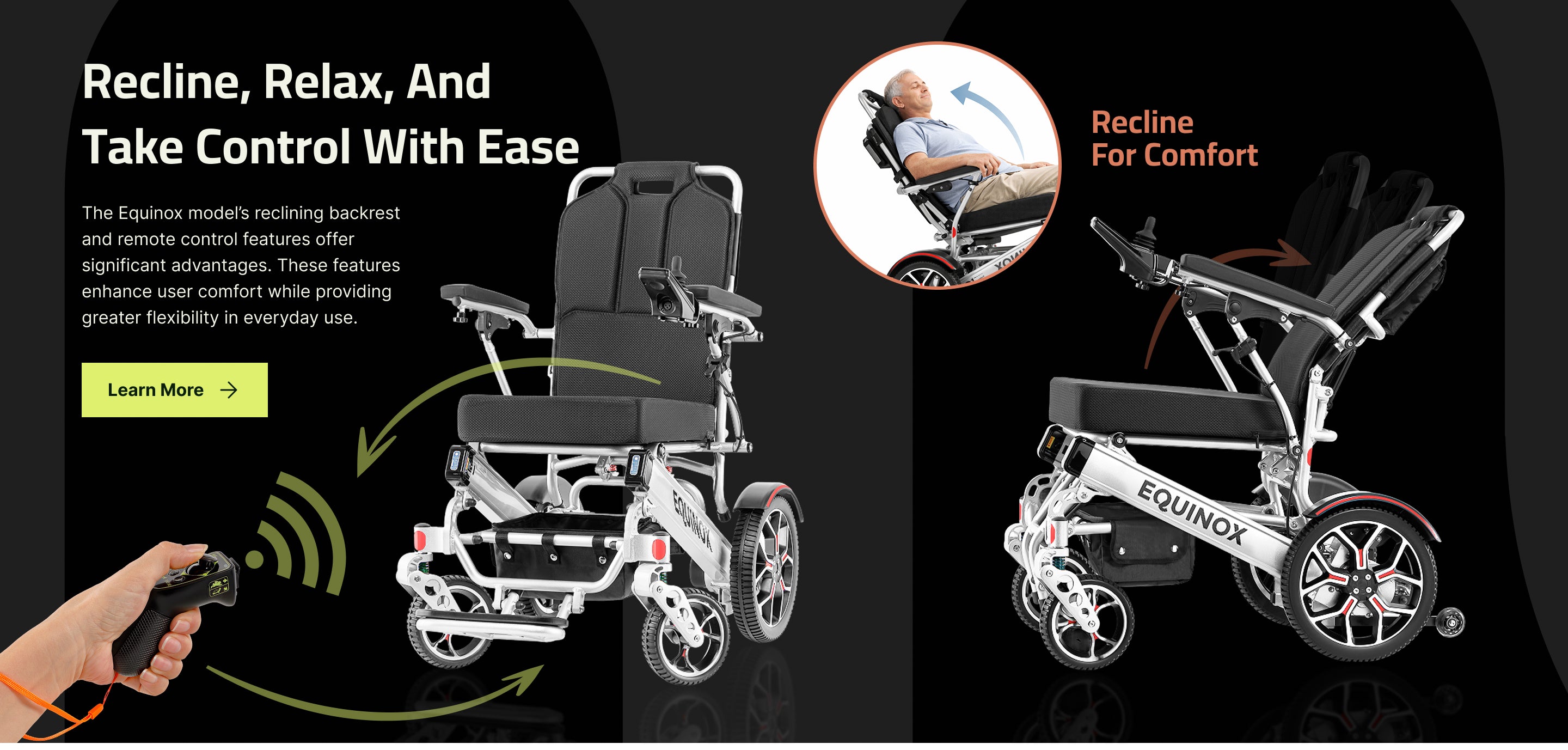 Image displaying Equinox wheelchair's reclining backrest and remote control features.