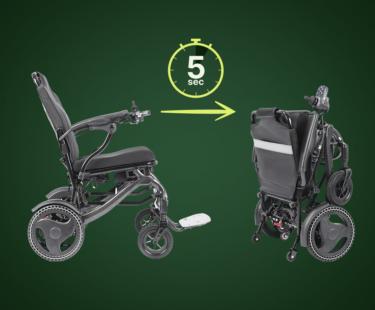A side-by-side comparison showing the Harvey Carbon Power Wheelchair both fully assembled and completely folded. This highlights the wheelchair's portability, demonstrating how the carbon fiber frame and seat collapse into a compact, upright shape that is easy to transport or store.