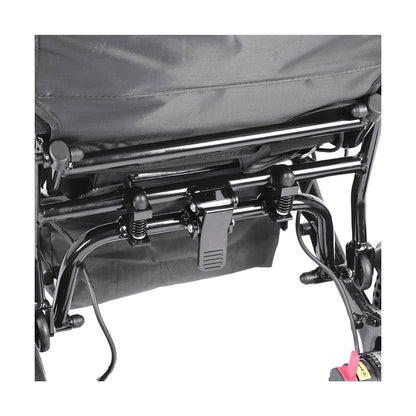 A close-up of the underside rear frame of Harvey Carbon power wheelchair, showing the heavy-duty black metal folding mechanism, suspension springs, and the quick-release latch used to collapse the wheelchair. 