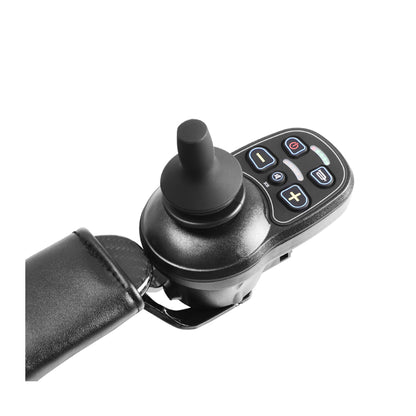 An angled close-up view of the electronic joystick controller for the Harvey Carbon Power Wheelchair. The black, rubberized joystick is on the left, and a multi-button control pad is on the right. The buttons feature icons, including power, mode selection, horn, and speed controls with an indicator LED bar. 