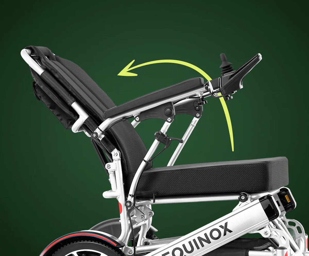 Side profile view demonstrating the reclining backrest adjustment feature on the Muvon Equinox power wheelchair frame. Find your most comfortable riding position.