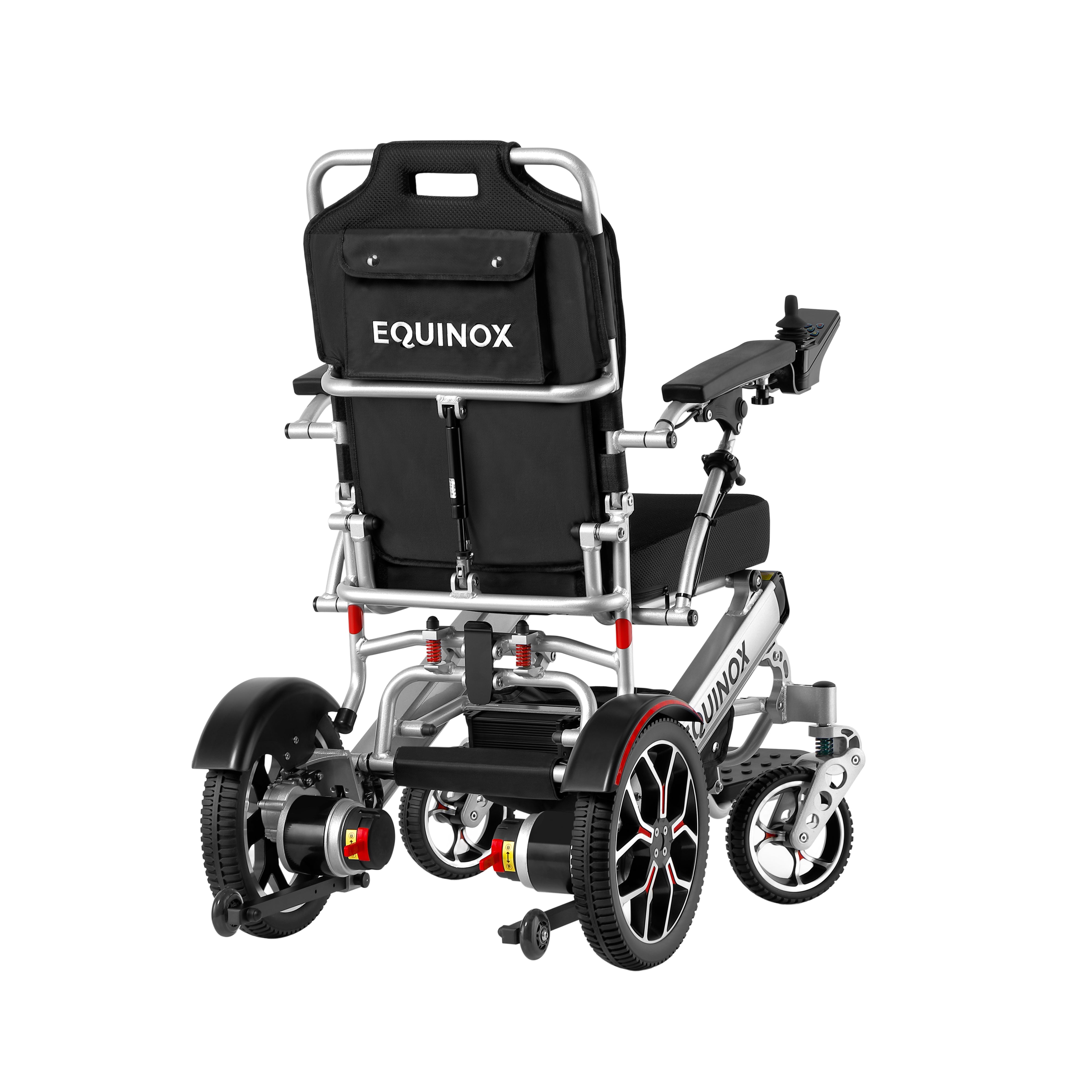 Back view of the silver frame Muvon Equinox power wheelchair