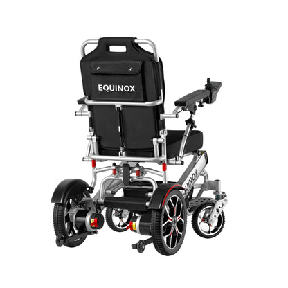 Back view of the silver frame Muvon Equinox power wheelchair