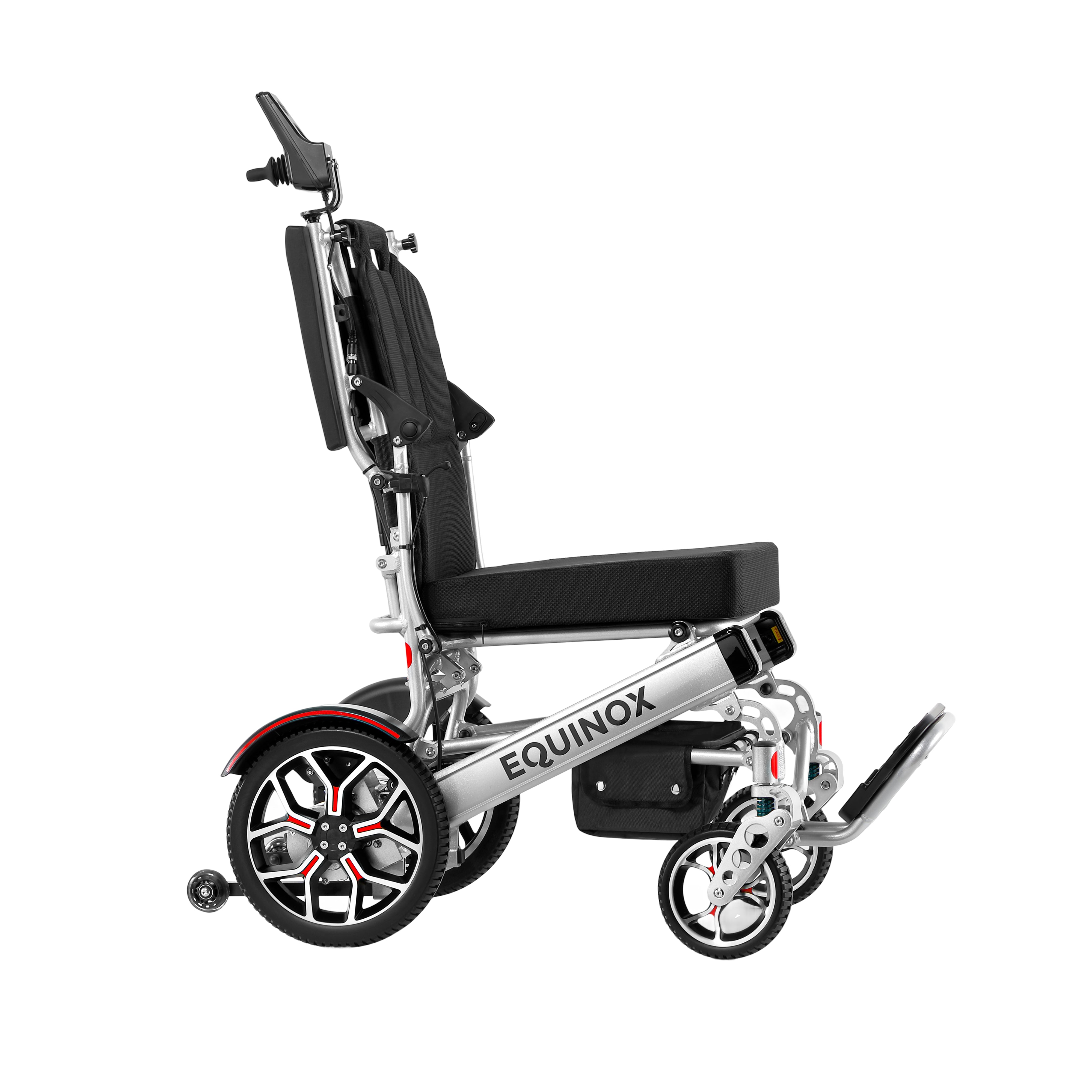Side profile of the Muvon Equinox power wheelchair showing the footrest assembly in a folded configuration