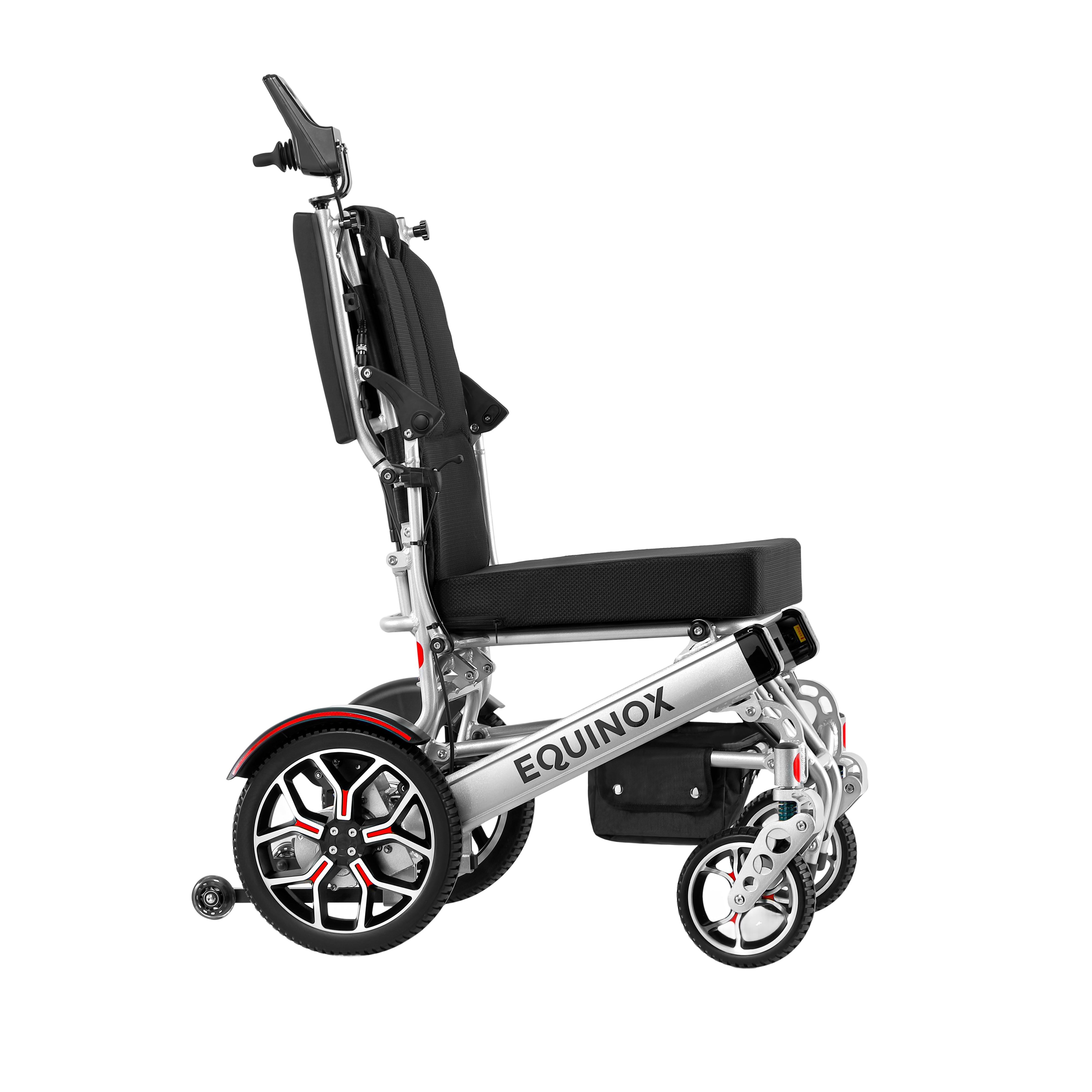 Side profile of the Muvon Equinox power wheelchair showing the footrest assembly folded completely