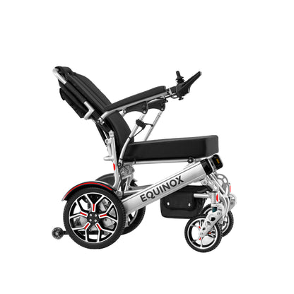 Side profile of the silver frame Muvon Equinox power wheelchair showing reclining backrest which offers customized ergonomic support.