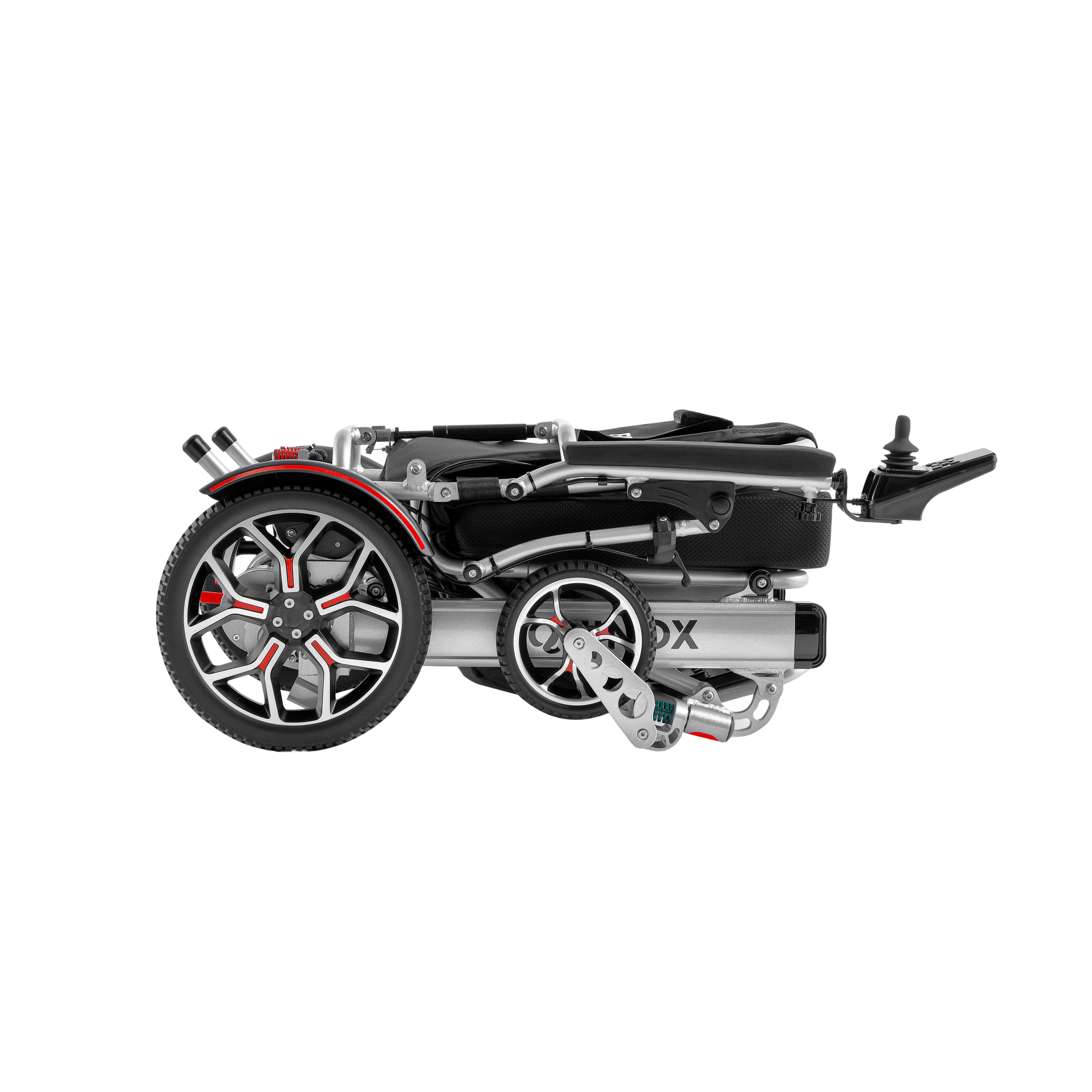 Side profile of the silver frame Muvon Equinox power wheelchair in its fully folded, compact storage configuration