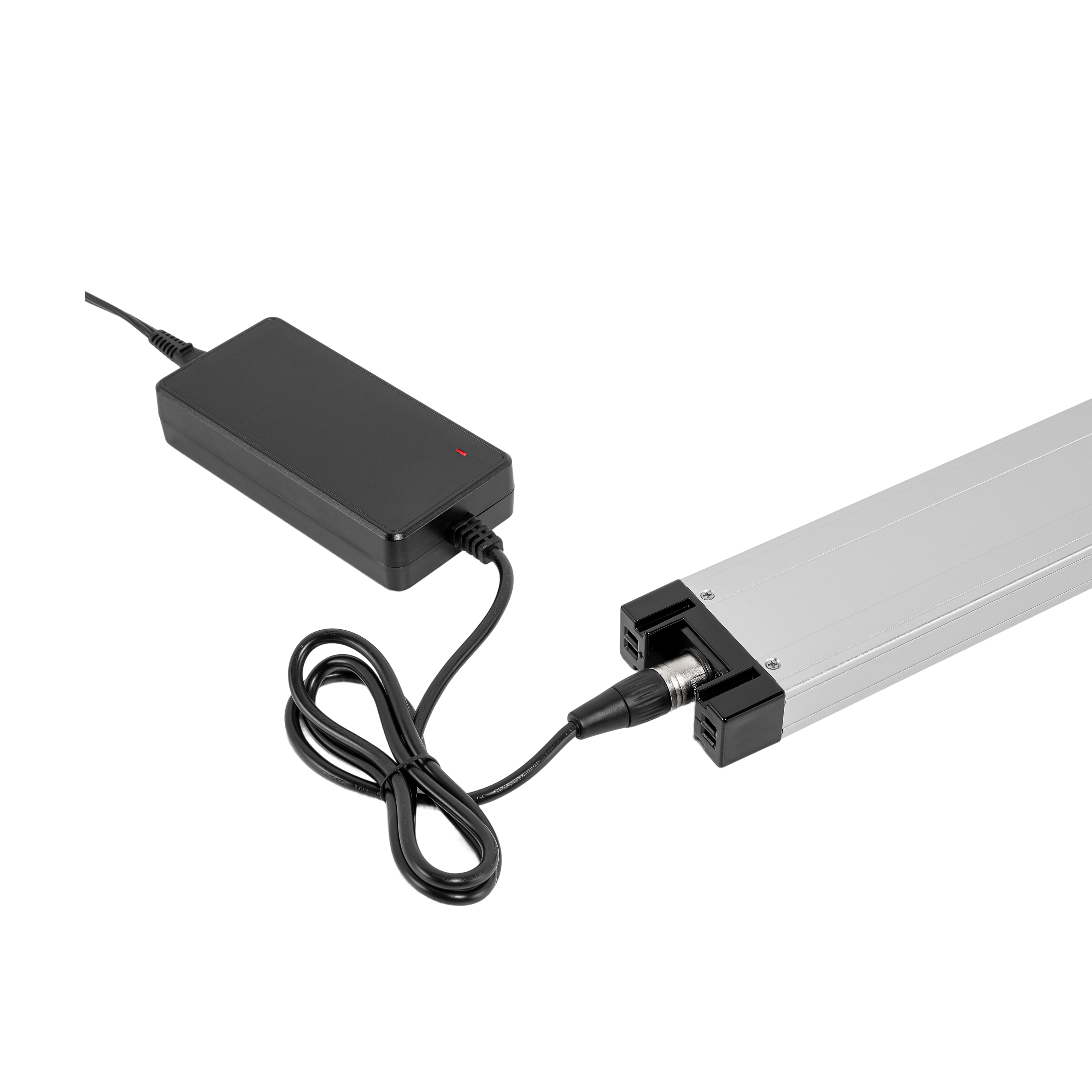 Close-up detail view of the Muvon Equinox power wheelchair battery component showing an AC power supply adapter and cord plugged in for charging.