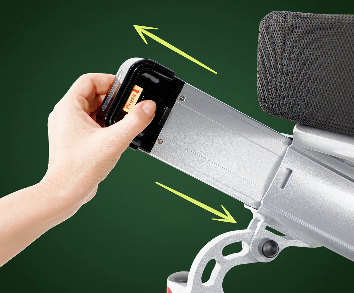 The Equinox Power Wheelchair features two premium 6Ah lithium ion batteries with a simple press and release removal system. 