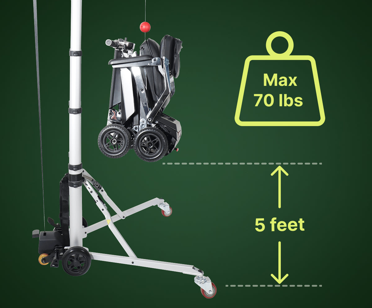 An infographic illustrating the performance capabilities of the Muvon Mobility portable lift. The image shows the lift at a high extension, suspending a folded wheelchair. A large green weight icon displays "Max 70 lbs", while an arrow points upward to a dashed line, indicating a maximum lifting height of 5 feet. This highlights the lift's engineered capacity for smooth, dependable vehicle loading.