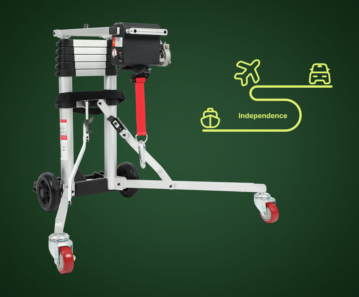 Gemini şunu dedi:
Infographic of the Muvon Mobility portable lift in its stable tripod position, featuring a yellow graphic path connecting ship, airplane, and car icons to represent independence. The text highlights that the lift is designed for independent wheelchair users, caregivers, and travel needs, specifically for loading into SUV trunks and truck beds to make everyday mobility and transport simpler.