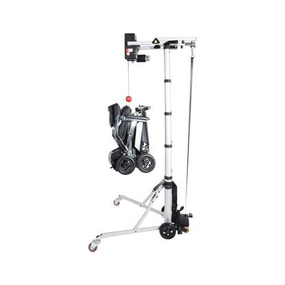 A full side profile view of the Muvon Mobility Portable Lift .The lift is in its standard upright position.