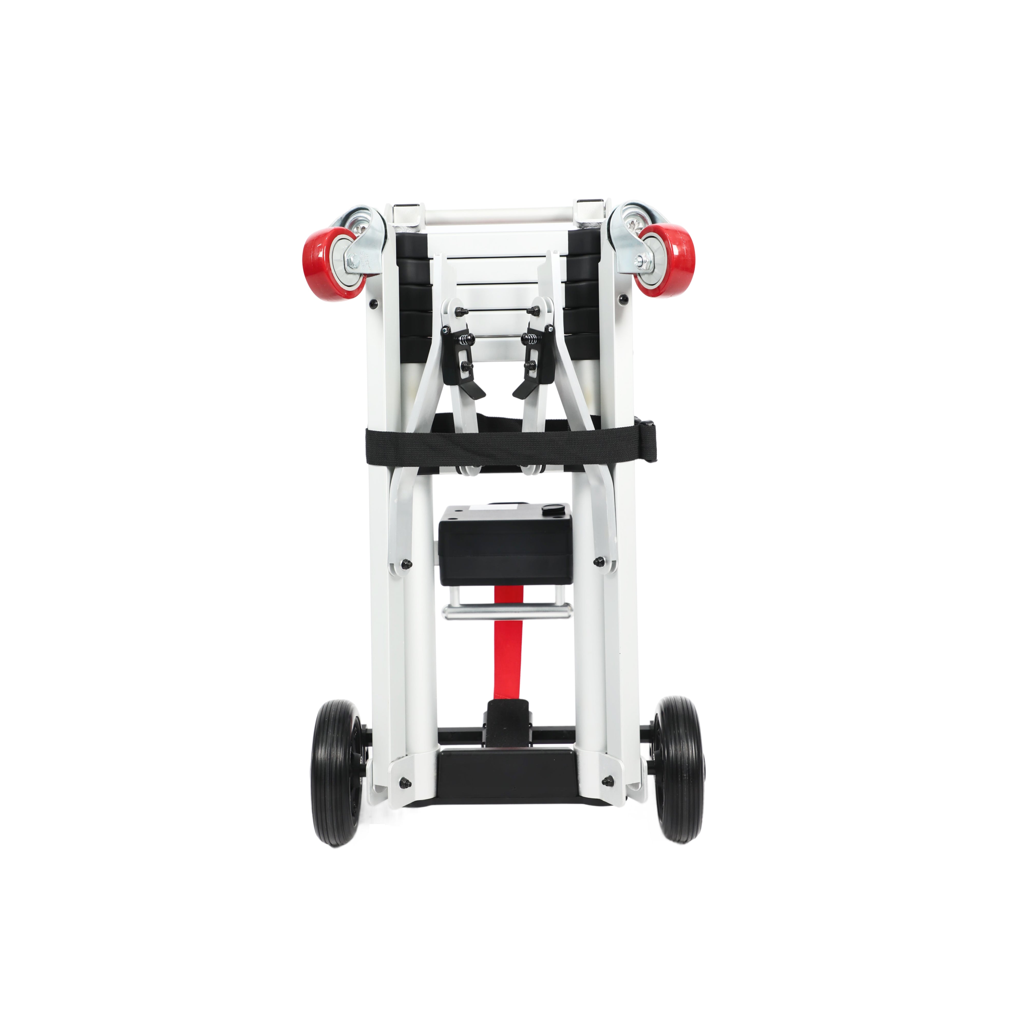 A front-facing view of the Muvon Mobility portable lift in its folded, storage-friendly configuration. The image showcases the symmetrical design of the silver aluminum frame, featuring two prominent red caster wheels at the top and two larger black rubber wheels at the base. A black security strap with a buckle is centered around the telescopic legs, while the internal motor housing and red lifting strap are visible in the middle of the frame.
