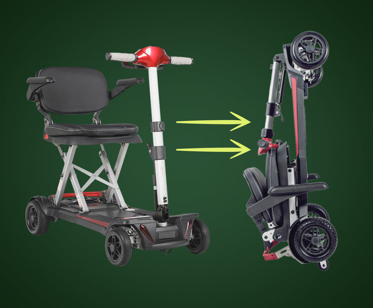 Muvon One mobility scooter shown in two positions against a dark green background. On the left, it is fully assembled with a black padded seat and red steering tiller. On the right, yellow arrows point to the scooter in its compact, vertically folded "trolley mode," highlighting its portability.