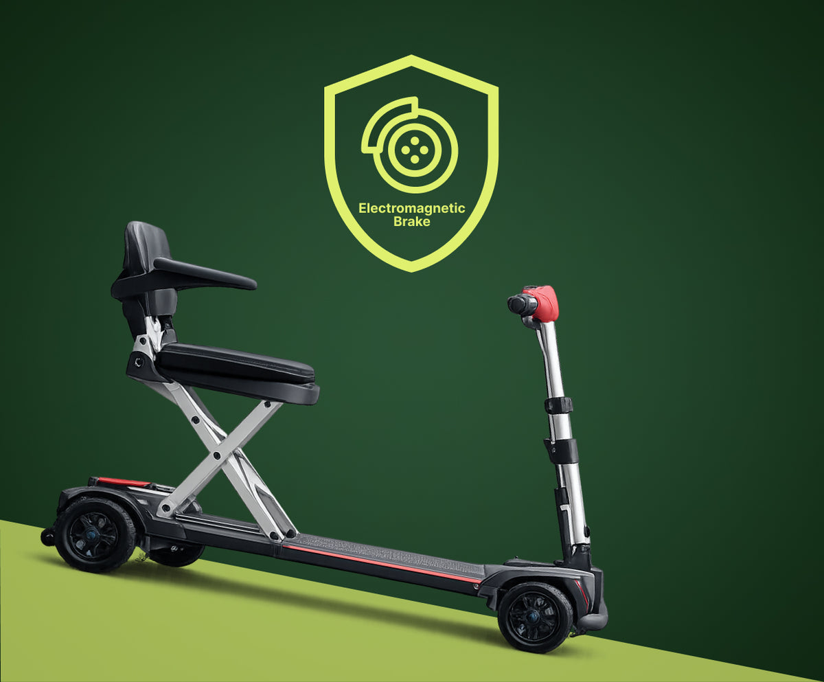 A side profile of the Muvon One mobility scooter positioned on an incline to demonstrate its stability. Above the scooter, a yellow shield icon containing a brake symbol is displayed with the text "Electromagnetic Brake," emphasizing the vehicle's safety and stopping power on slopes.