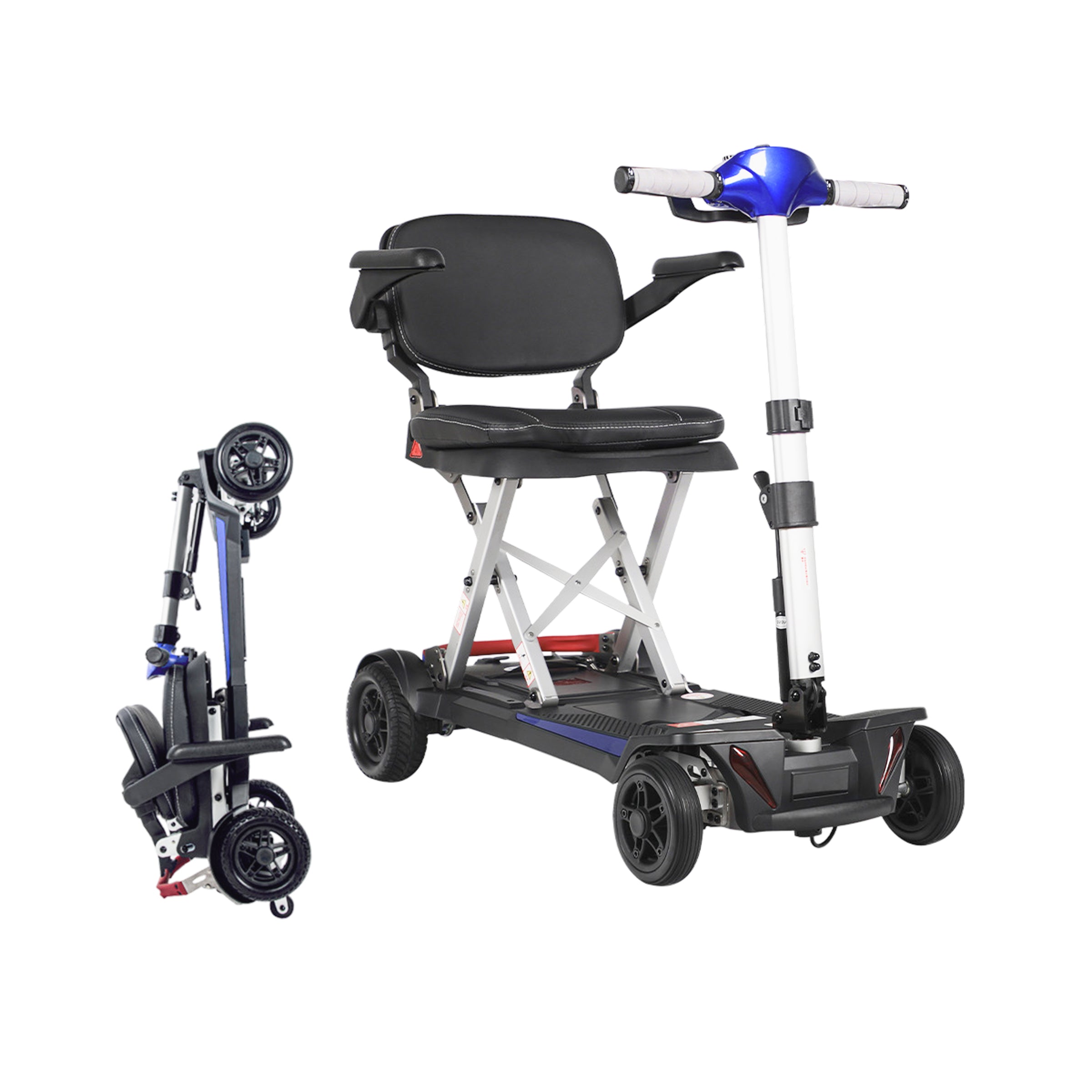 A three-quarter front view of the blue colored Muvon One Mobility Scooter. It features a sleek, modern carbon fiber frame with a glossy finish, a cushioned black seat with adjustable armrests, and a delta-style tiller for steering. The scooter has four black wheels with a high-traction tread.