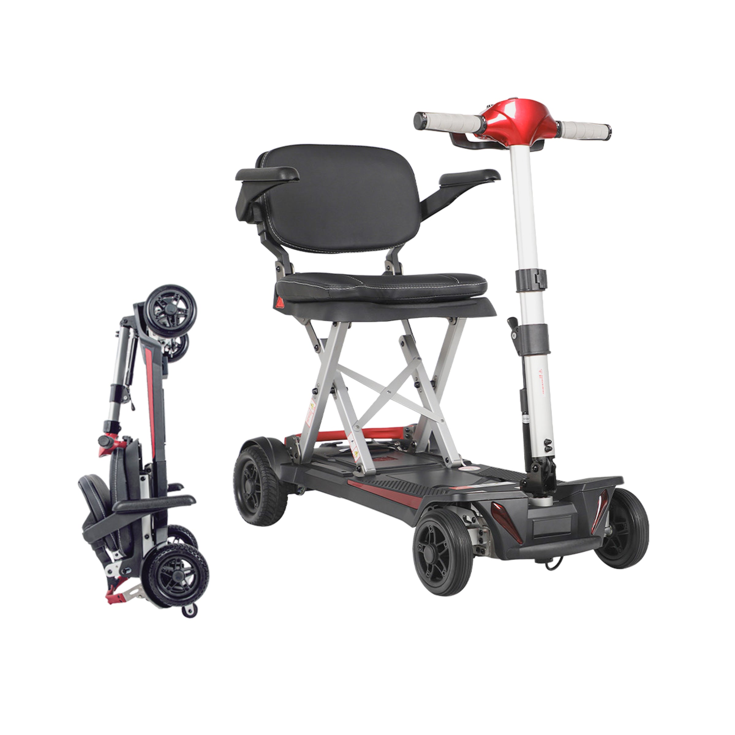 A three-quarter front view of the red colored Muvon One Mobility Scooter. It features a sleek, modern carbon fiber frame with a glossy finish, a cushioned black seat with adjustable armrests, and a delta-style tiller for steering. The scooter has four black wheels with a high-traction tread.