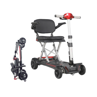 A three-quarter front view of the red colored Muvon One Mobility Scooter. It features a sleek, modern carbon fiber frame with a glossy finish, a cushioned black seat with adjustable armrests, and a delta-style tiller for steering. The scooter has four black wheels with a high-traction tread.