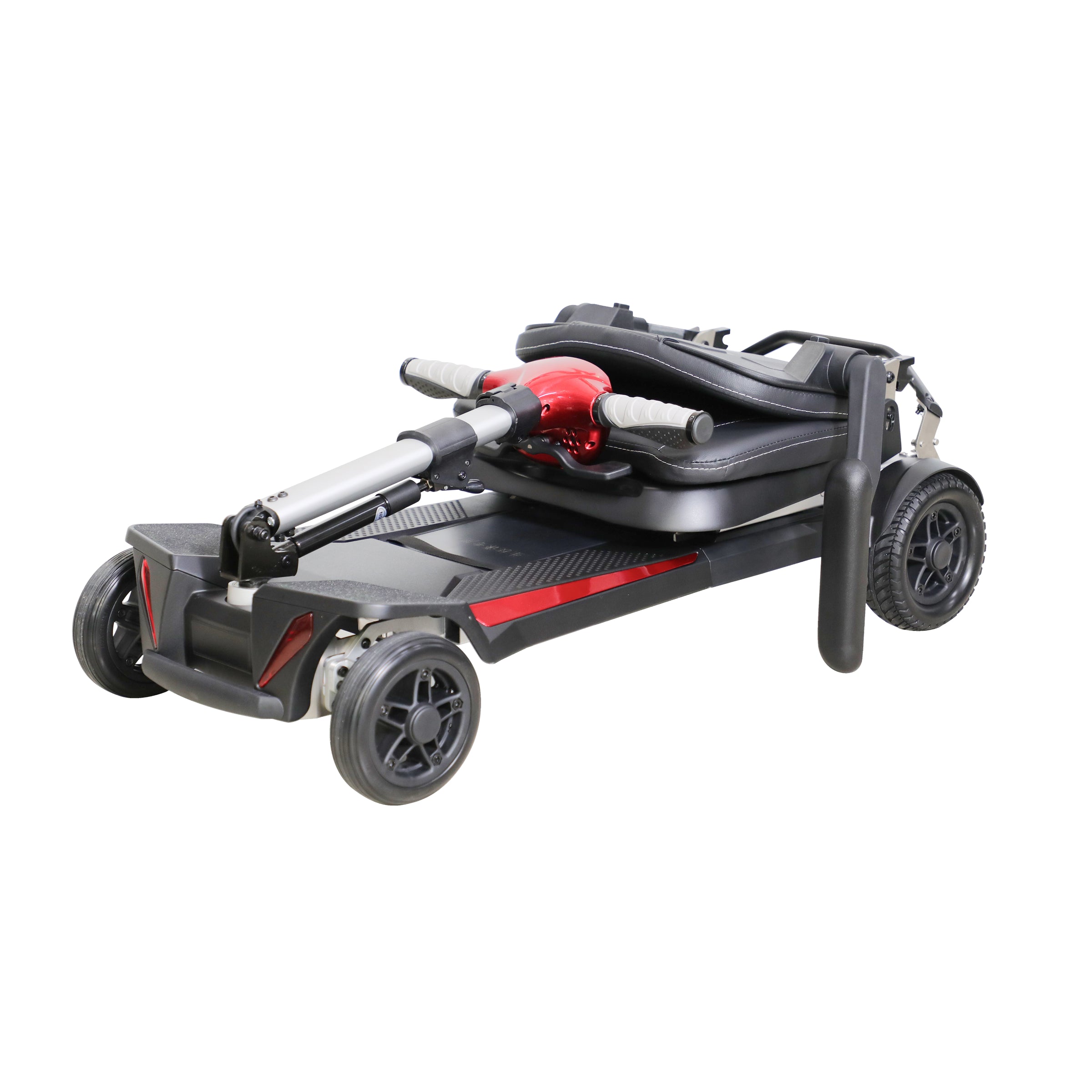 The shot emphasizes the carbon fiber rear fenders, the dual-motor drive system, and the safety reflectors on the back of the seat of Muvon One Mobility Scooter. The compact and portable design of the frame is clearly visible.