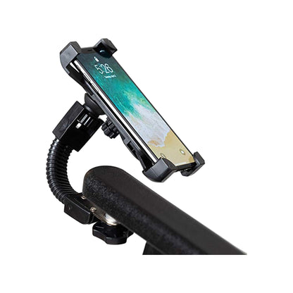 Front view of the Muvon Mobility Phone Holder with its adjustable side grips and bottom support brackets fully extended to accommodate various smartphone sizes.