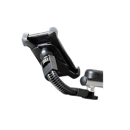 Rear view of the Muvon Mobility Phone Holder accessory, with carbon-fiber-textured backplate and the adjustable tension mounting system.