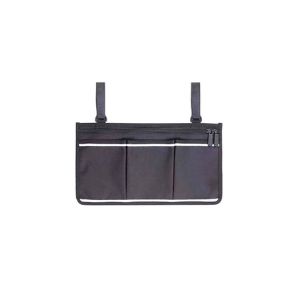 A black Muvon Mobility side bag featuring three front organizer sleeves, a secure top zippered pocket, and two adjustable attachment straps for easy mounting to mobility devices.