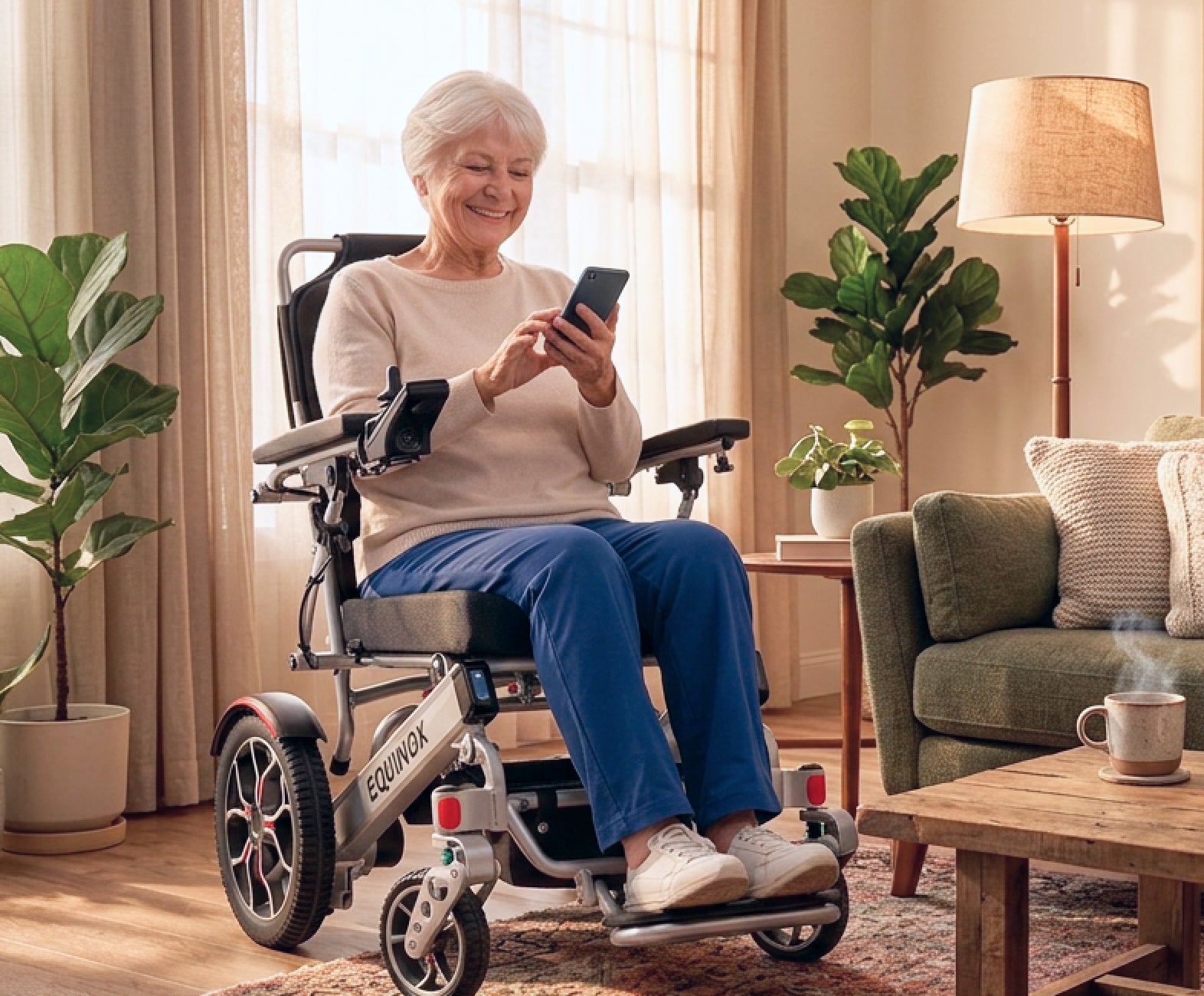 An elderly woman with short white hair sits in a modern, silver “Equinox Power Wheelchair in a bright living room. She is smiling while looking at her smartphone. Beside her is a wooden coffee table with a steaming mug, and the room is filled with warm, natural light from a large window.