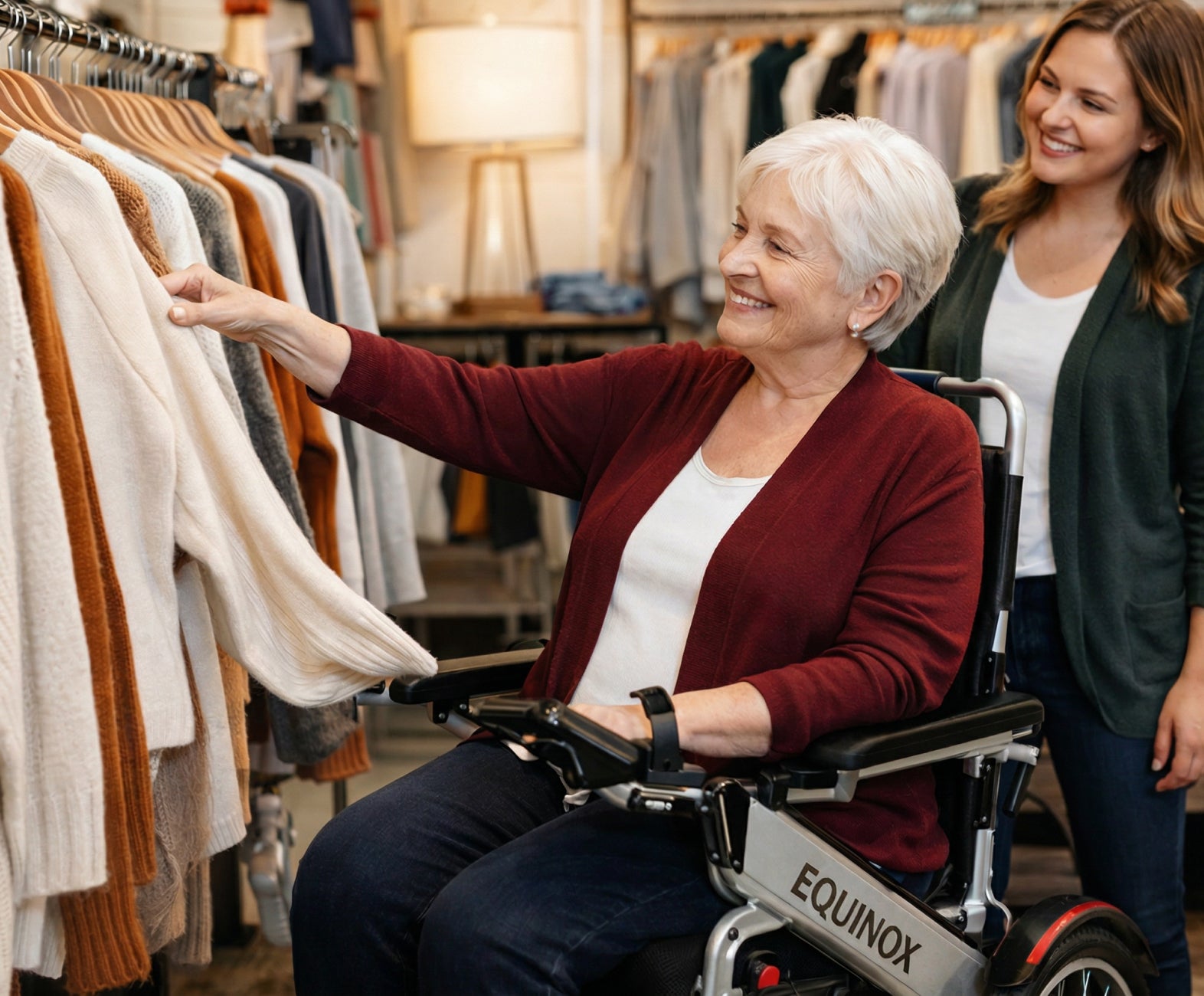 Woman in a Muvon Equinox power wheelchair shopping with another woman in a clothing store.