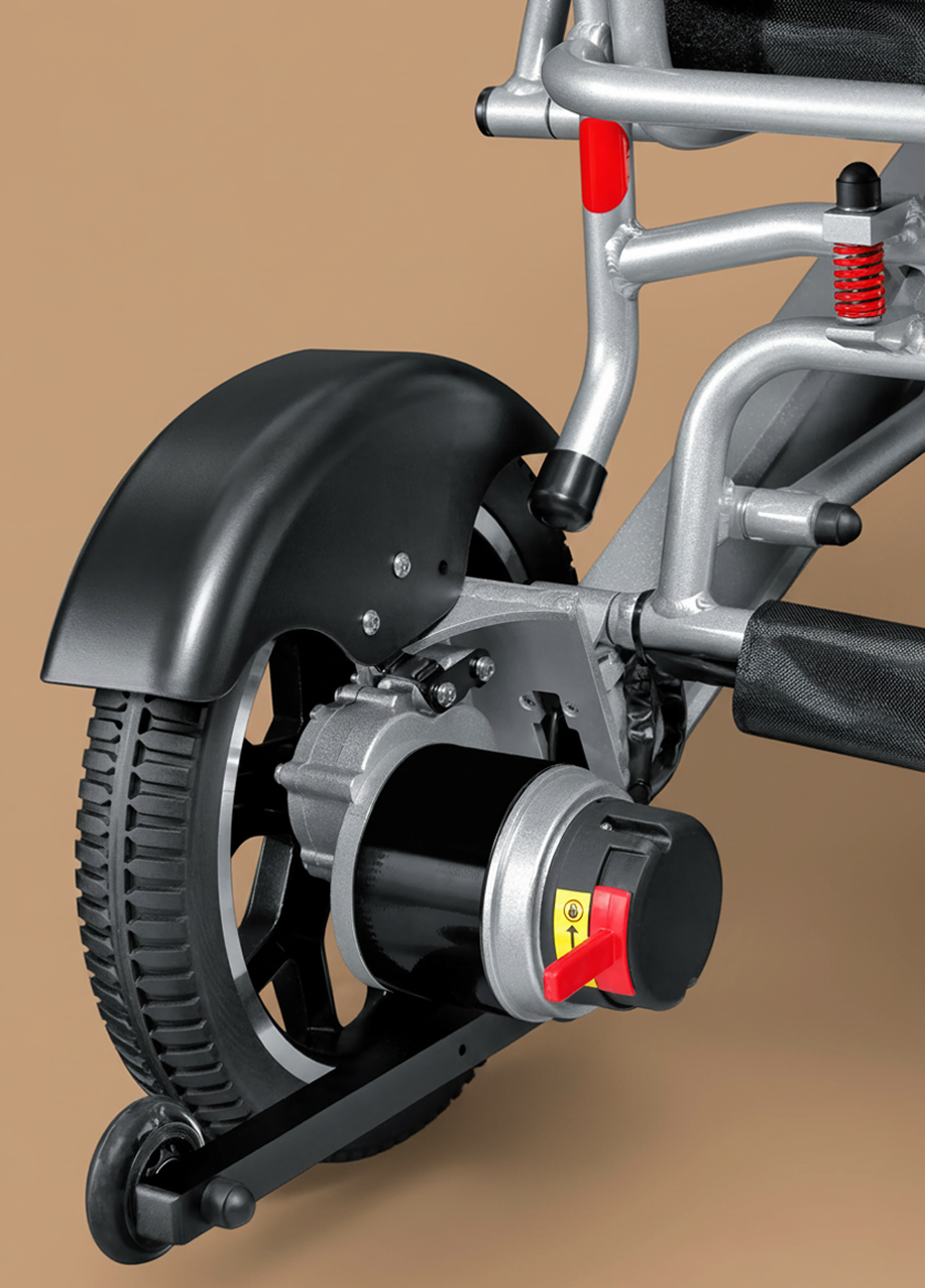 Close up of Equinox Power Wheelchair braking system