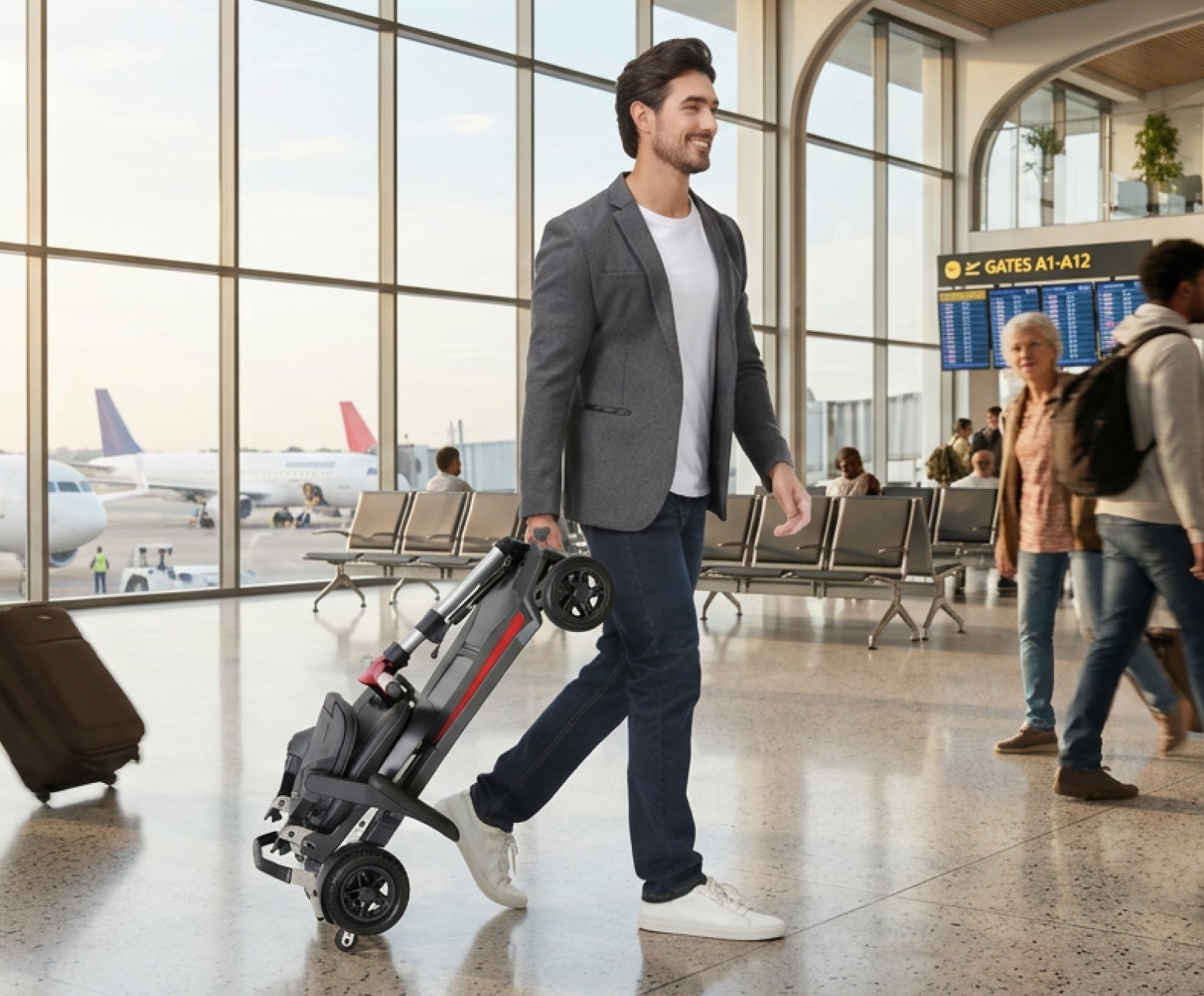 A man walks through in an airport while carrying a compact Muvon One Mobility Scooter. Pedestrians move around him as he navigates the busy environment with ease, holding the folded scooter securely by its handle. The scene highlights the scooter’s lightweight, portable design and its convenience for use in active, everyday city life.